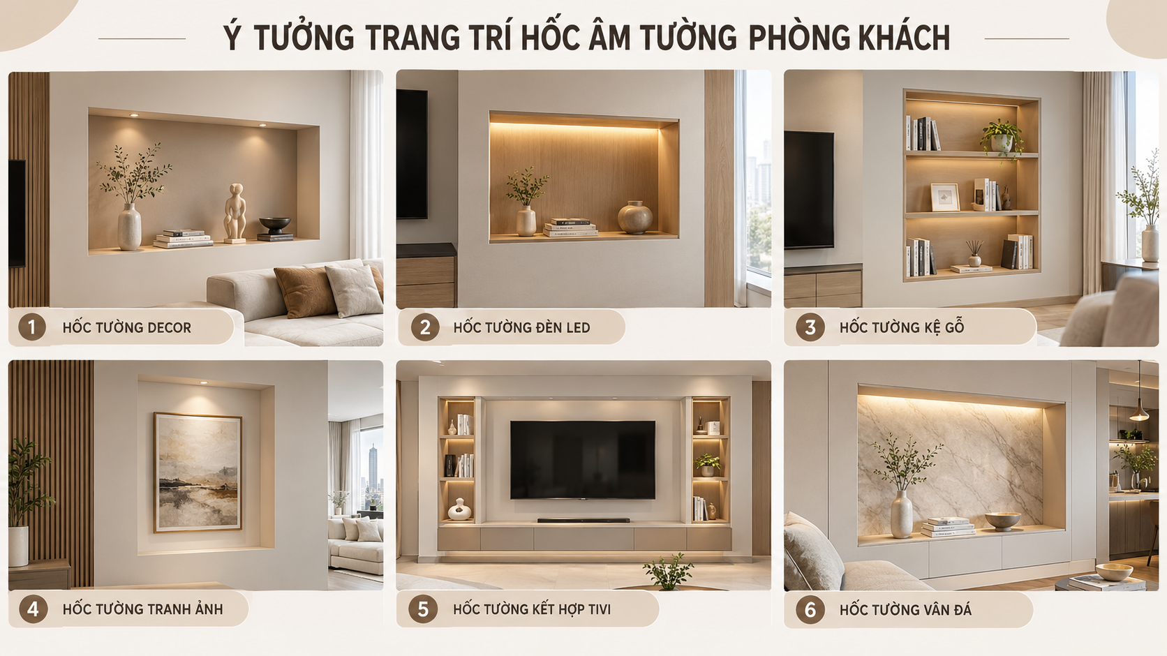 Infographic sáu ý tưởng trang trí hốc âm tường phòng khách bằng đồ decor, đèn LED, kệ gỗ, tranh ảnh, khu vực tivi và vật liệu vân đá