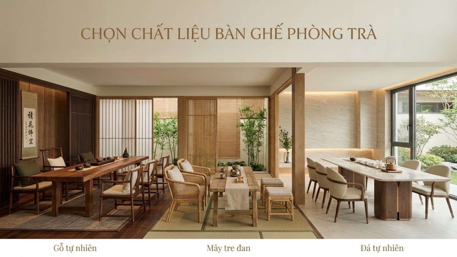 Bàn ghế phòng trà bằng gỗ tự nhiên, mây tre đan và mặt đá trong các không gian nội thất hoàn thiện