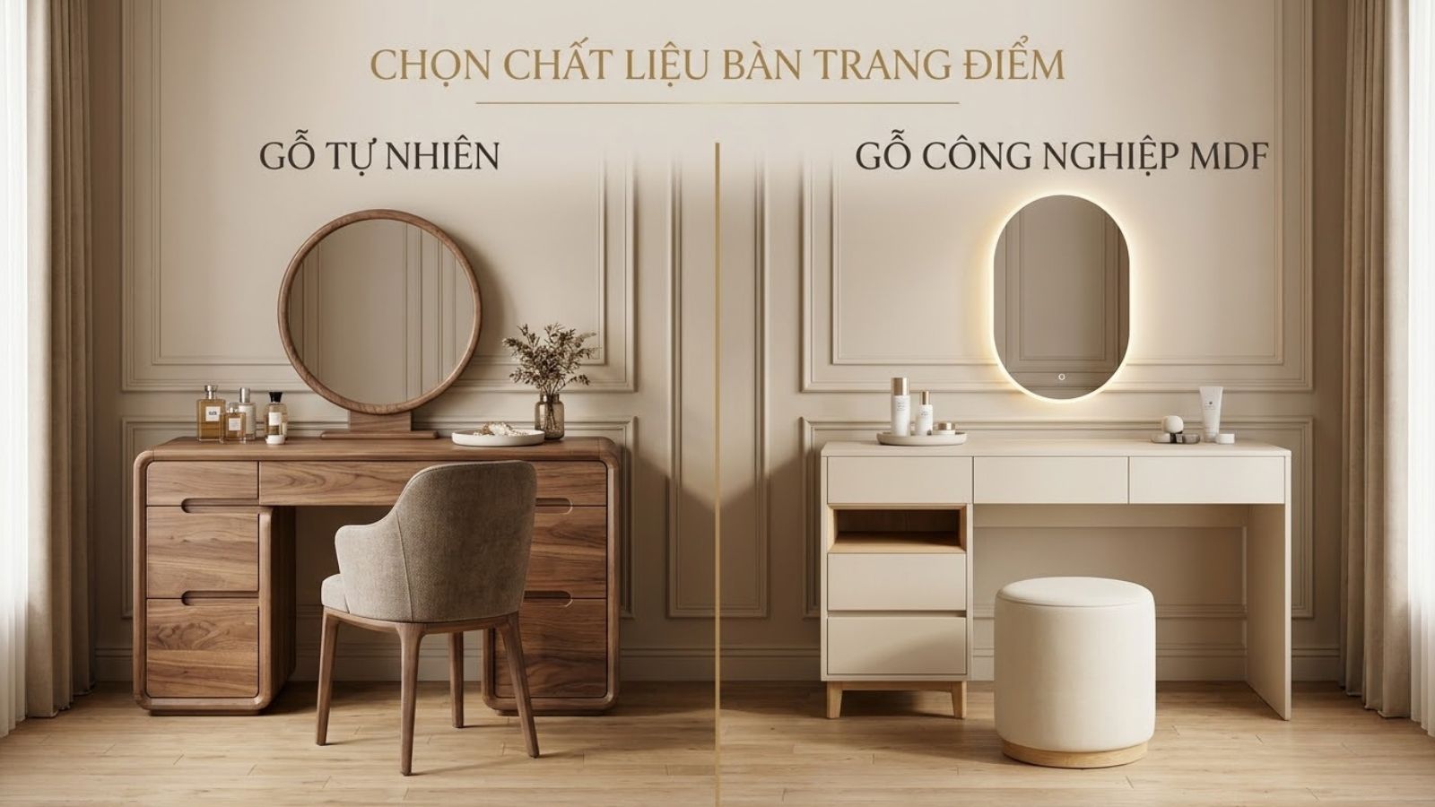 So sánh bàn trang điểm gỗ tự nhiên màu óc chó và bàn trang điểm gỗ công nghiệp MDF màu kem hiện đại