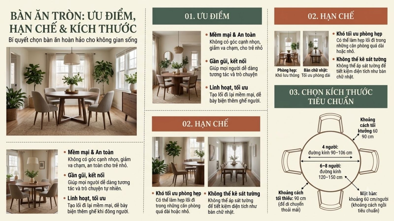 Ưu nhược điểm và kích thước bàn ghế tròn phù hợp với số lượng người ngồi
