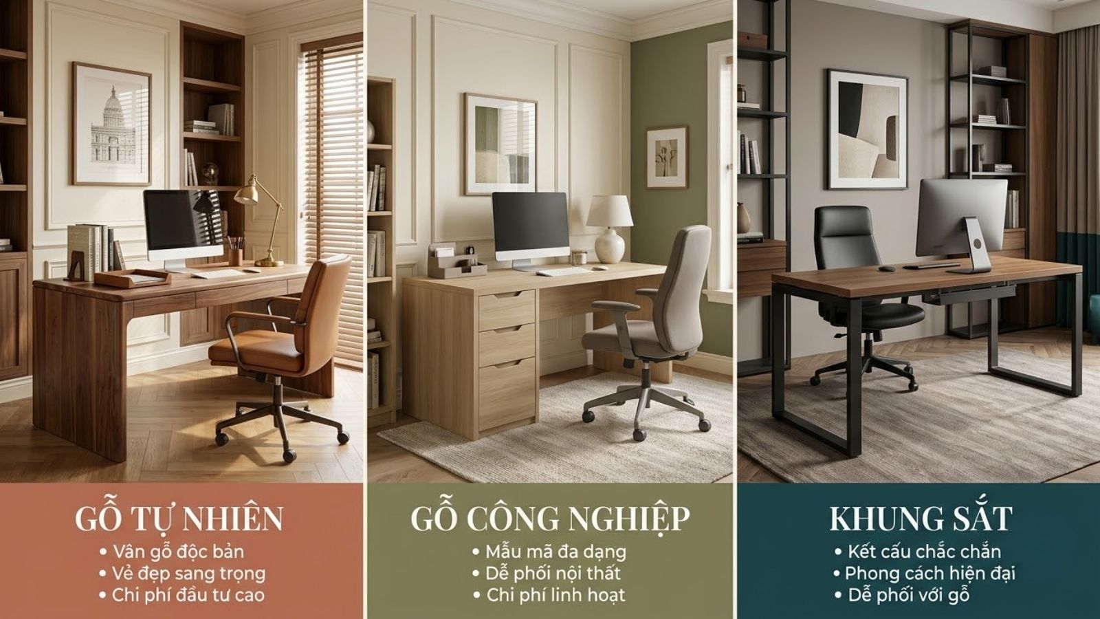 So sánh bàn học máy tính gỗ tự nhiên, gỗ công nghiệp phủ Melamine hoặc Laminate và bàn khung sắt sơn tĩnh điện.
