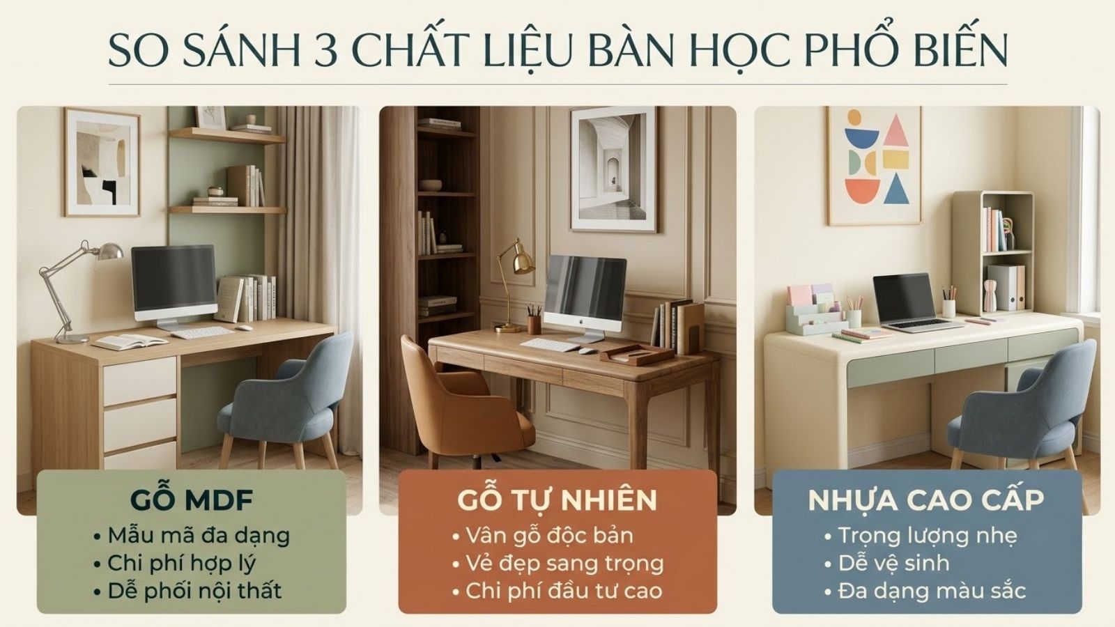 So sánh bàn học MDF, bàn gỗ tự nhiên và bàn nhựa cao cấp qua thiết kế, chất liệu và không gian sử dụng.