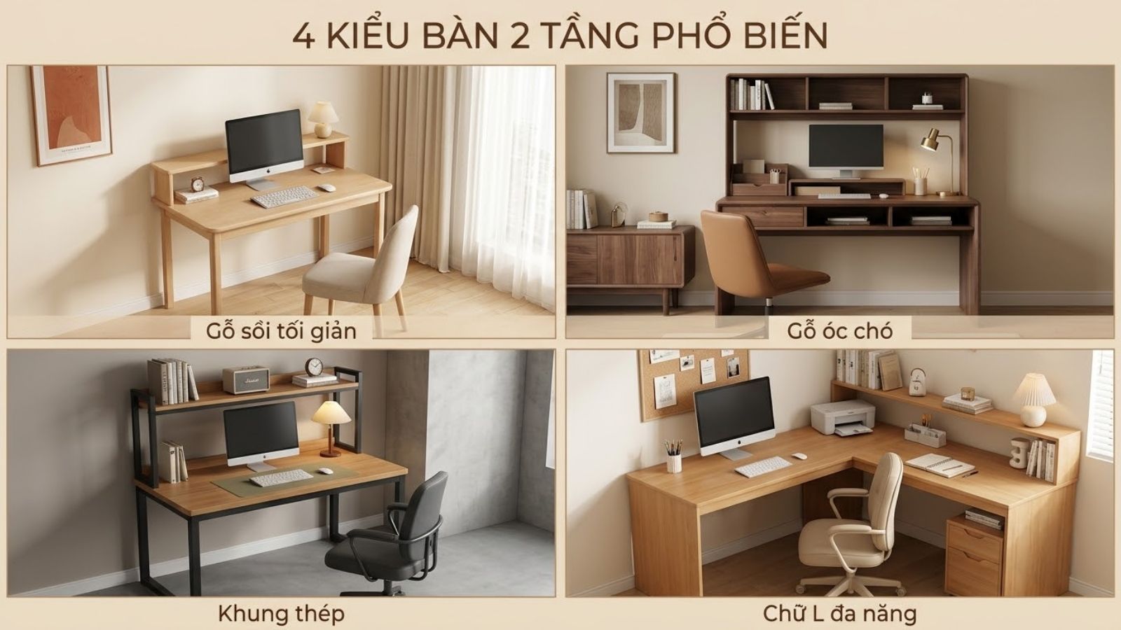 Bốn kiểu bàn làm việc 2 tầng gồm bàn gỗ sồi tối giản, gỗ óc chó, khung thép và bàn chữ L.