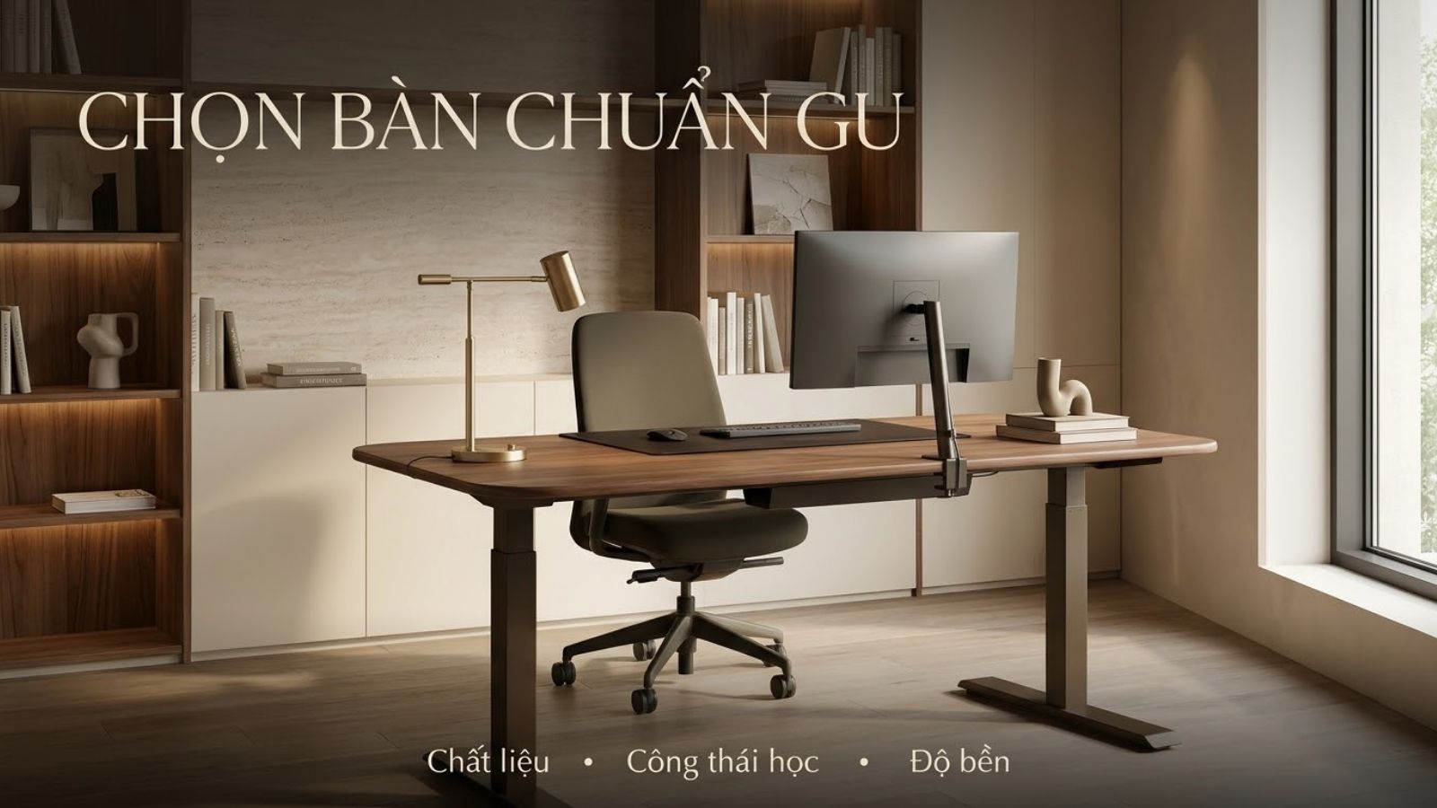Bàn làm việc cao cấp chuẩn công thái học với khung nâng hạ và mặt gỗ sang trọng