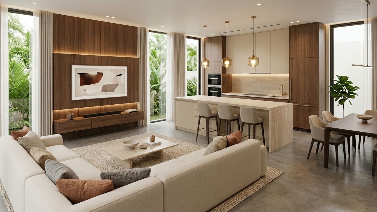 Đảo bếp làm vách ngăn mềm giữa phòng khách và bếp