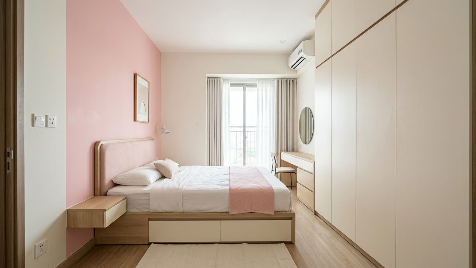 Phòng ngủ nhỏ màu hồng pastel với tủ quần áo kịch trần và bàn trang điểm kết hợp bàn làm việc.