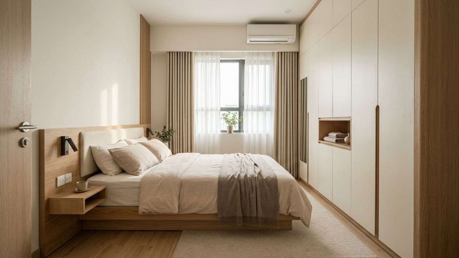 Phòng ngủ Japandi nhỏ 12m² với giường gỗ thấp, tủ quần áo âm tường và gam màu sáng.