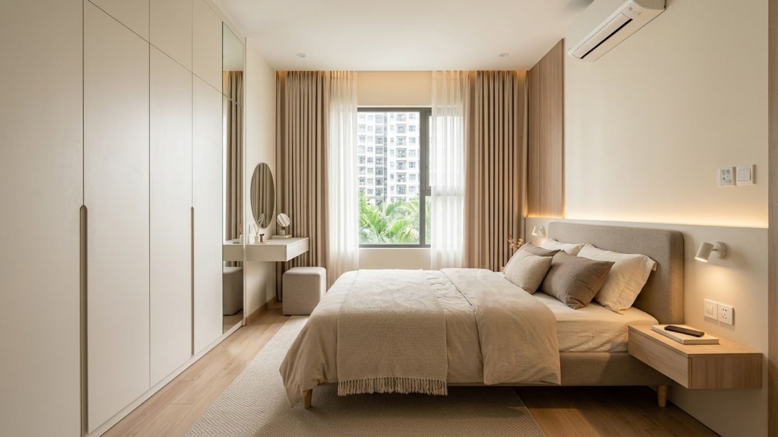 Phòng ngủ sang chảnh dưới 15m² với giường bọc nệm, tủ quần áo kịch trần và gương toàn thân.