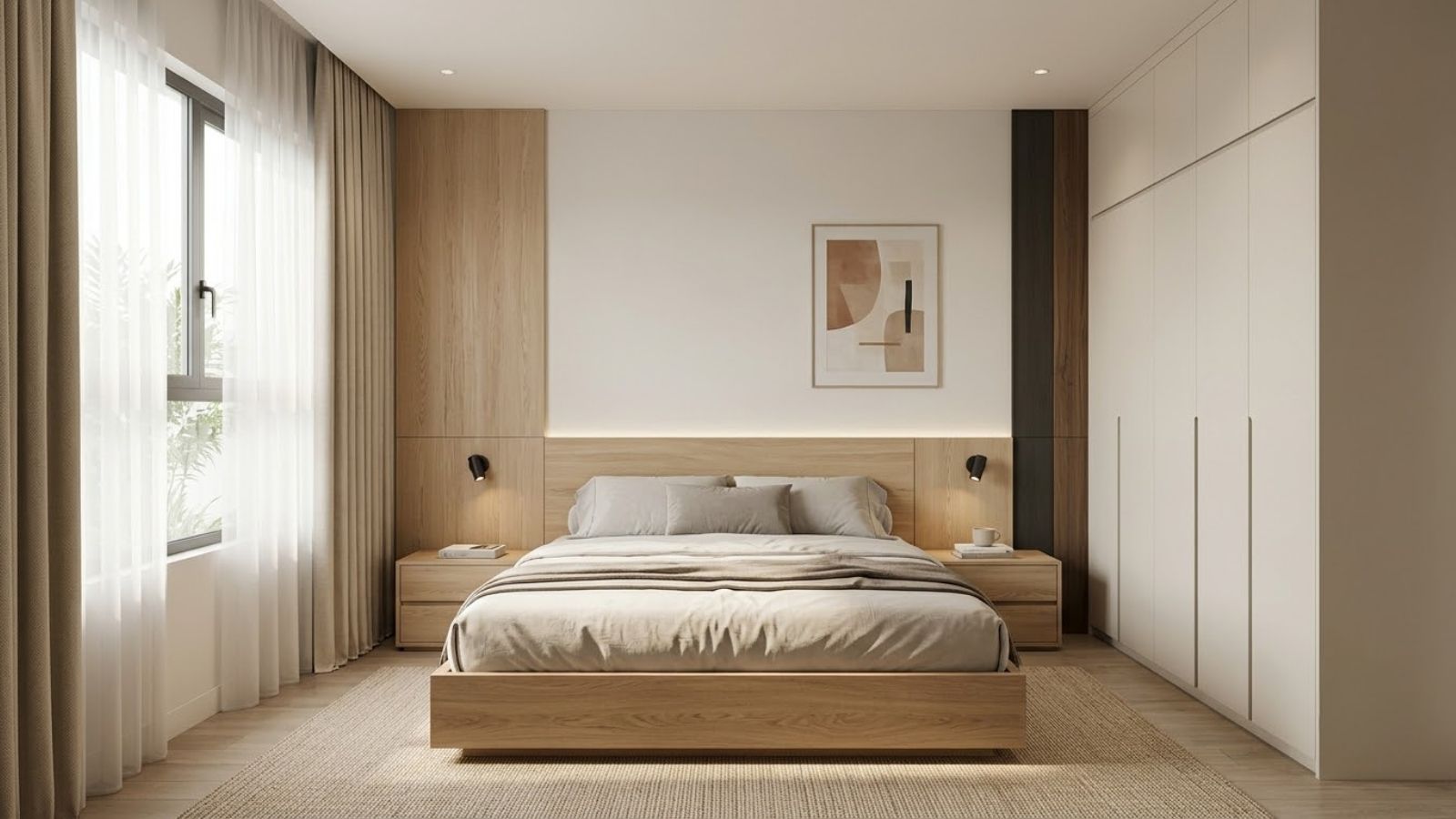 Phòng ngủ tối giản dưới 8m² với giường gọn, tủ quần áo kịch trần và kệ đầu giường treo tường.