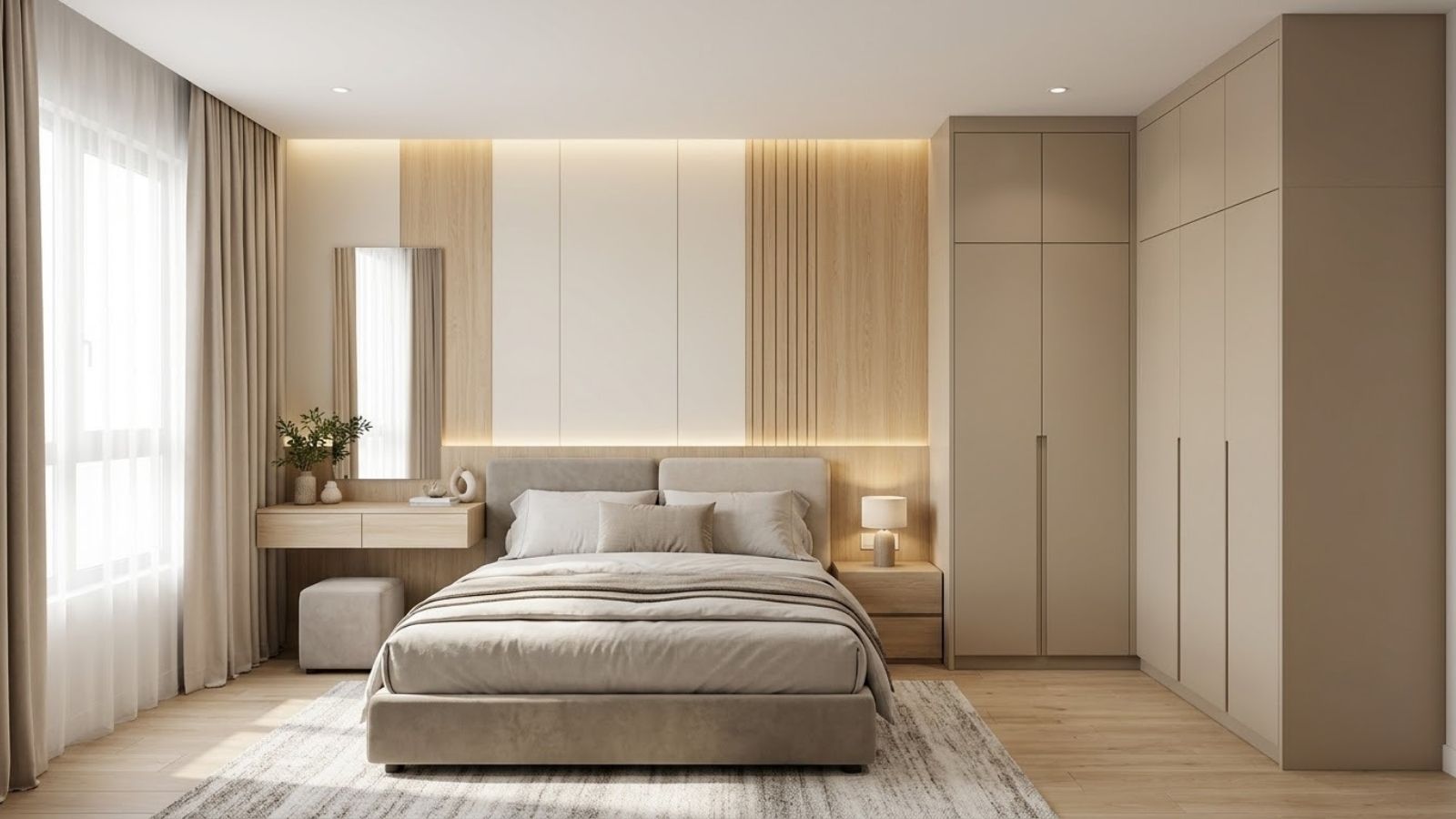 Phòng ngủ sử dụng tủ MDF màu be, nội thất MFC vân gỗ và chi tiết giường bằng gỗ tự nhiên