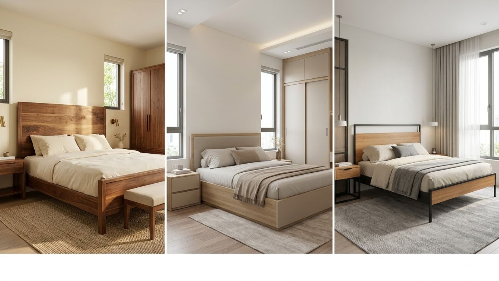 Giường ngủ gỗ tự nhiên, giường gỗ công nghiệp phủ Laminate và giường khung kim loại kết hợp gỗ.