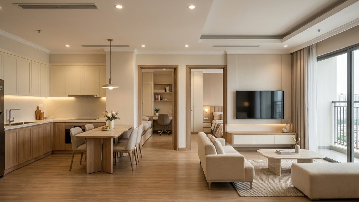 Bố trí nội thất chung cư 2 phòng ngủ gồm phòng khách, phòng ngủ chính, phòng ngủ phụ và bếp liên thông.