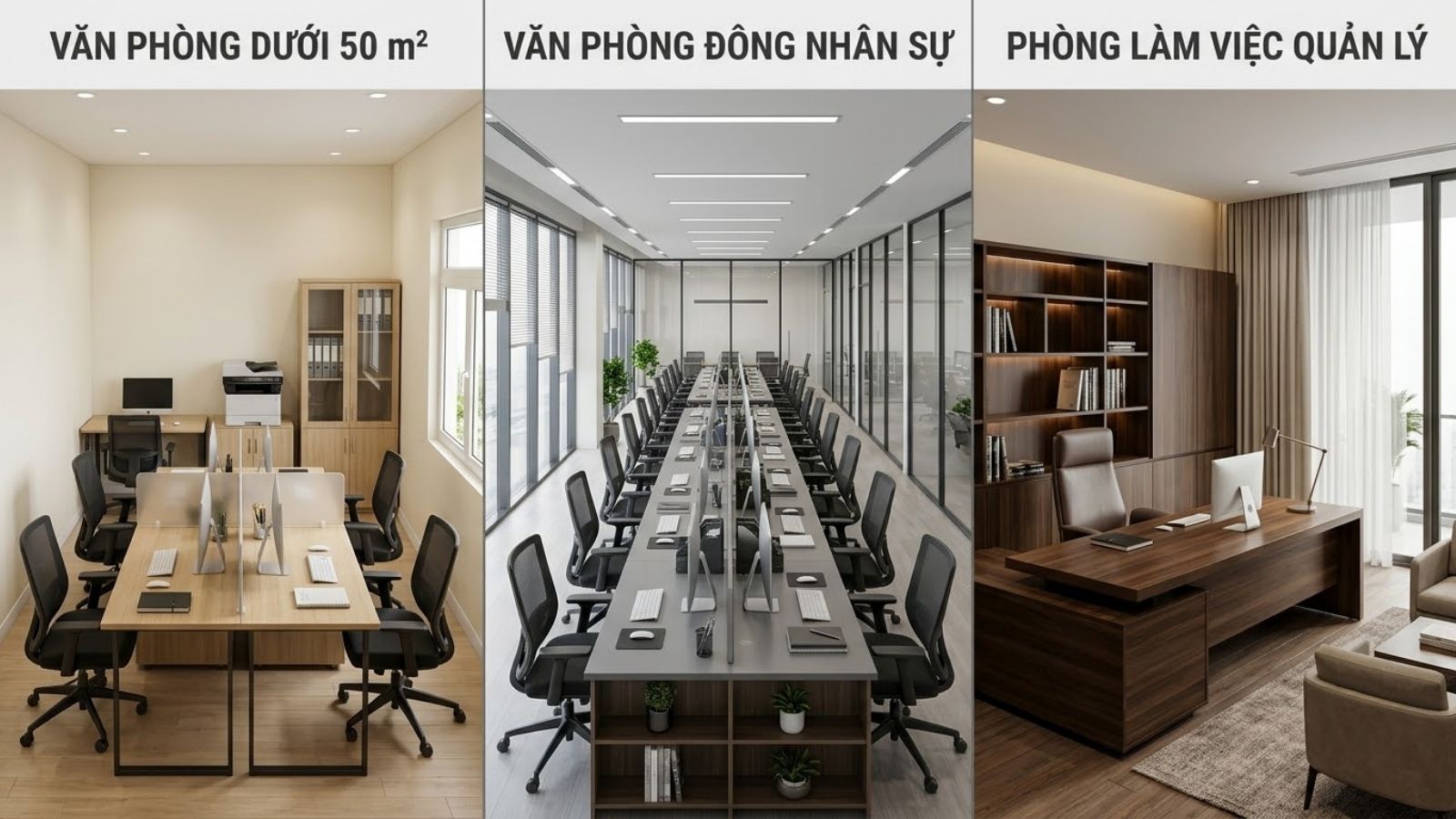 So sánh thiết kế văn phòng nhỏ văn phòng đông nhân sự và phòng làm việc quản lý