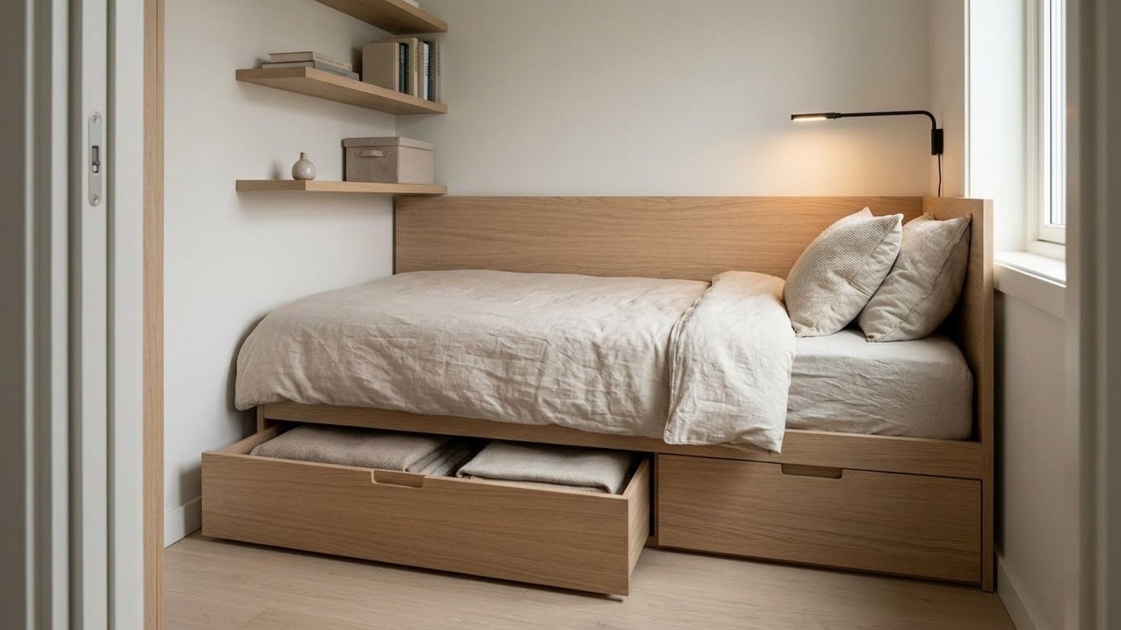 Giường ngủ nhỏ có ngăn kéo lưu trữ và kệ treo tường giúp tiết kiệm diện tích