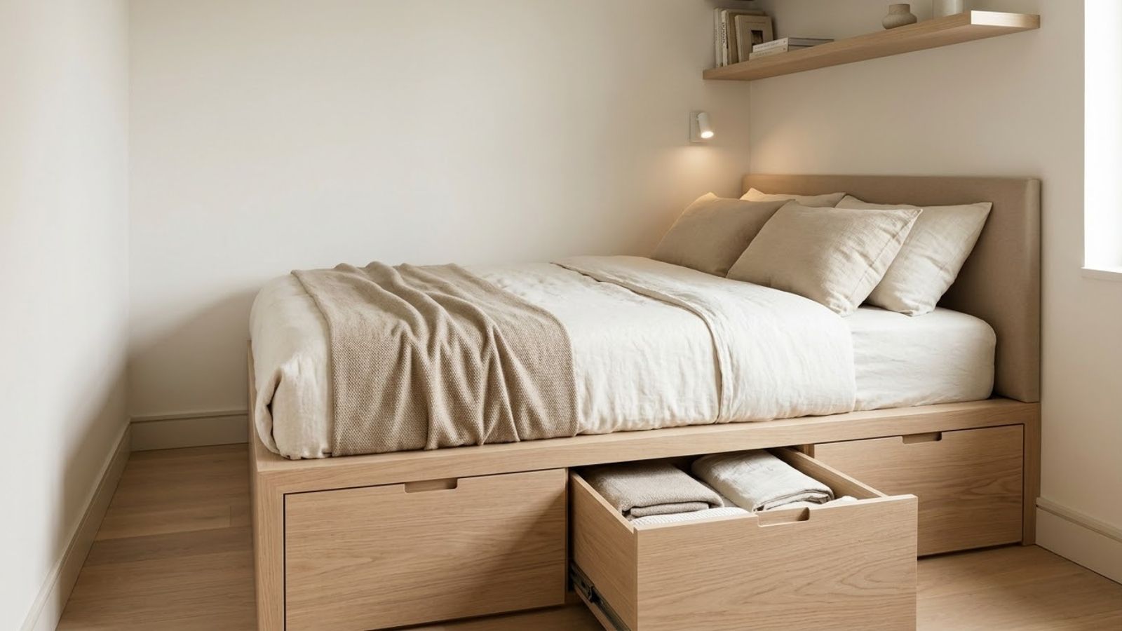 Giường bục tích hợp ngăn kéo lưu trữ giúp tối ưu công năng phòng ngủ nhỏ 4m2