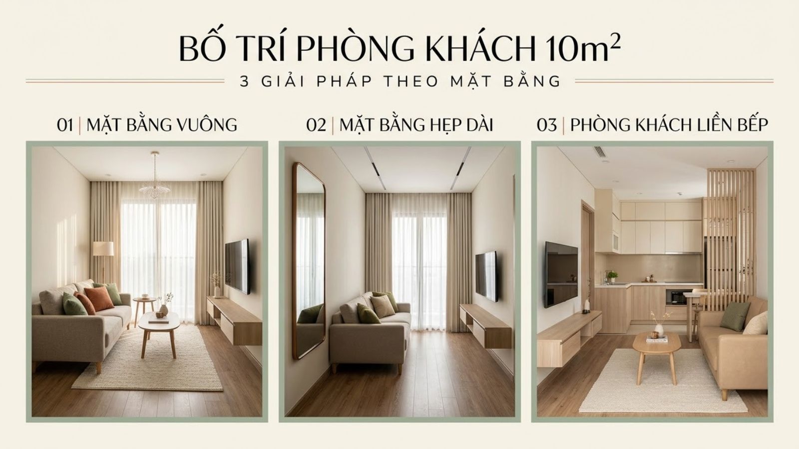 Ba cách bố trí phòng khách 10m2 gồm mặt bằng vuông, phòng hẹp dài và không gian liền bếp.