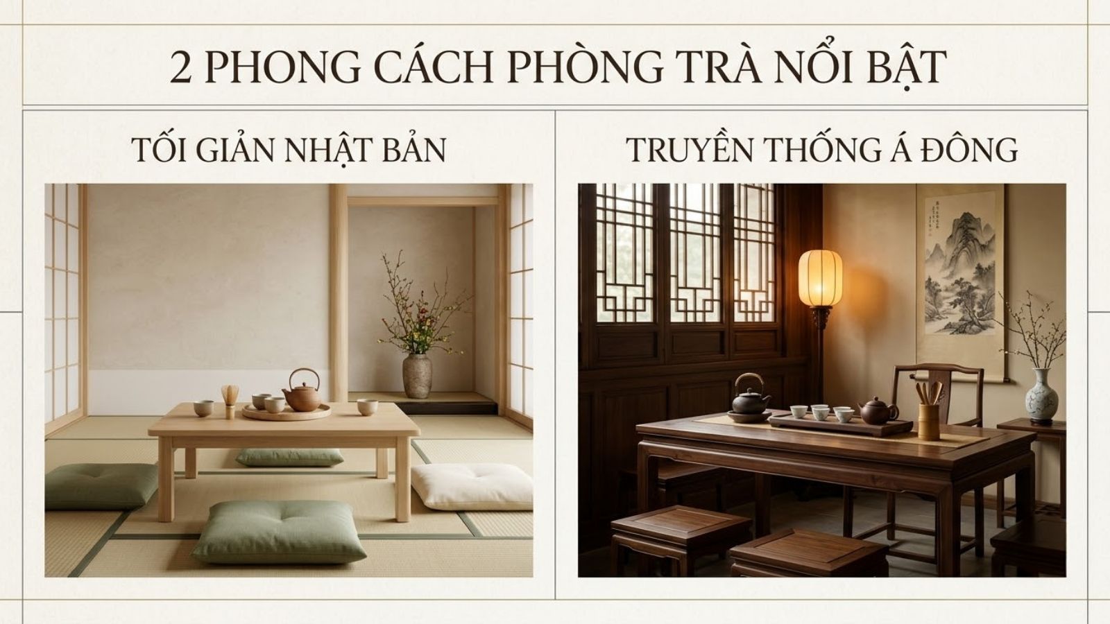 So sánh phòng trà tối giản Nhật Bản và phòng trà truyền thống Á Đông