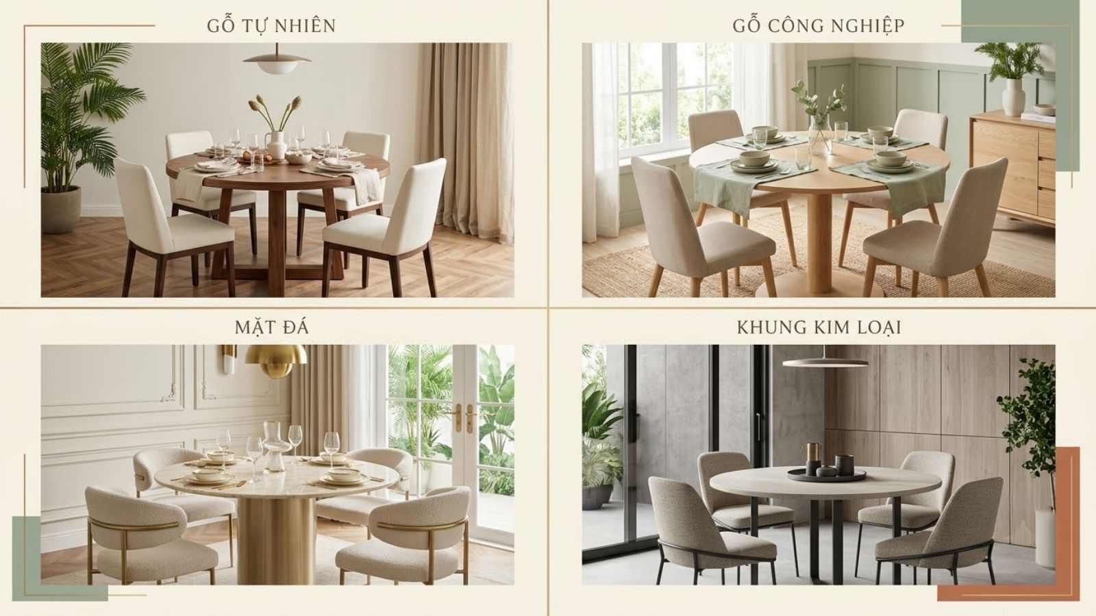Các chất liệu bàn ghế tròn gồm gỗ tự nhiên, gỗ công nghiệp, mặt đá và khung kim loại