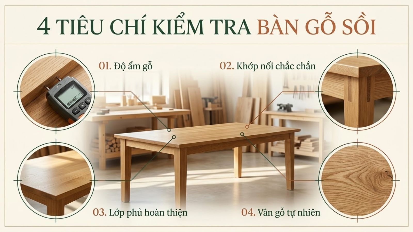 Các tiêu chí kiểm tra chất lượng bàn gỗ sồi