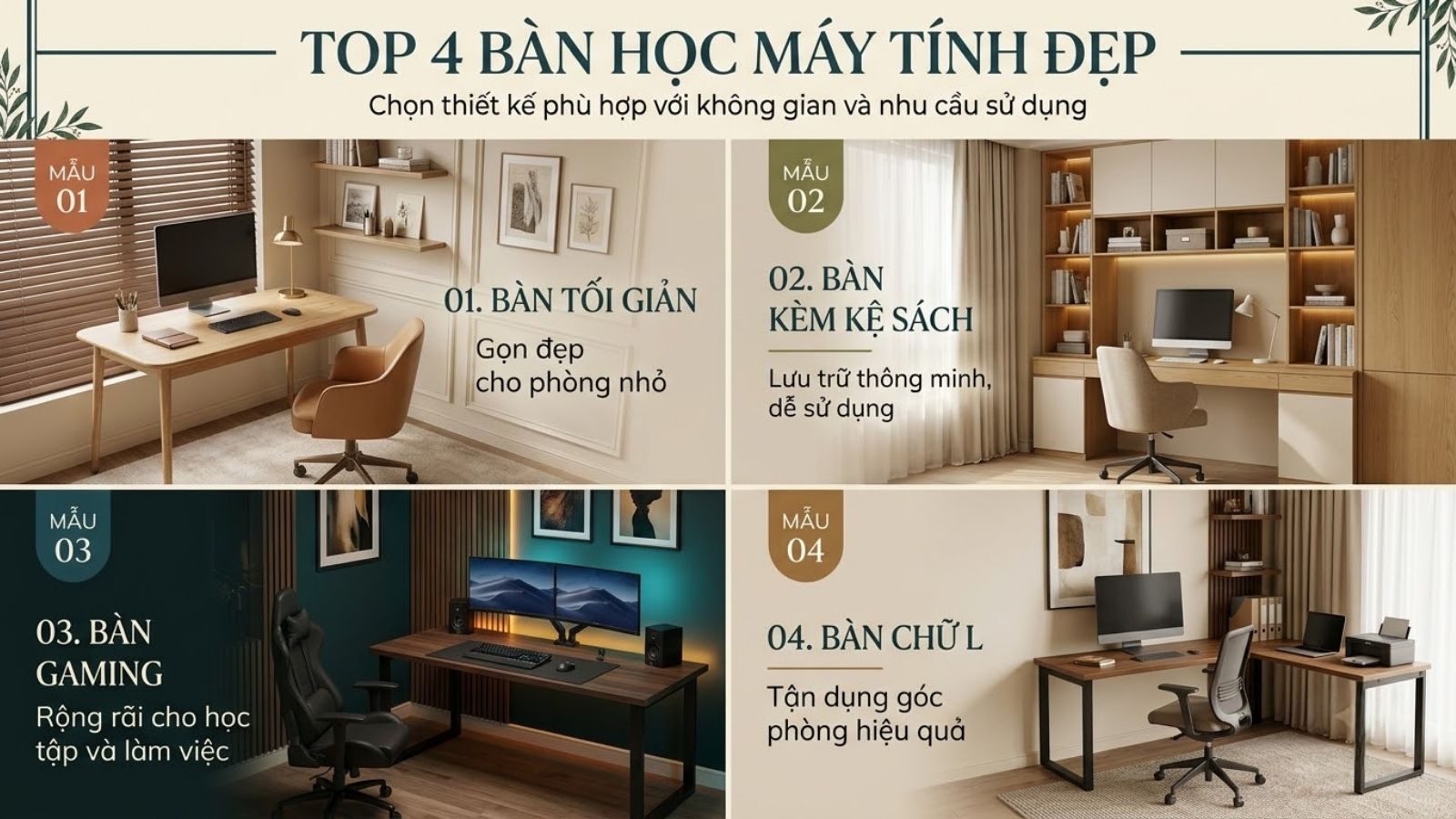 Top 4 bàn học máy tính gồm bàn tối giản cho phòng nhỏ, bàn tích hợp kệ sách, bàn gaming và bàn chữ L.