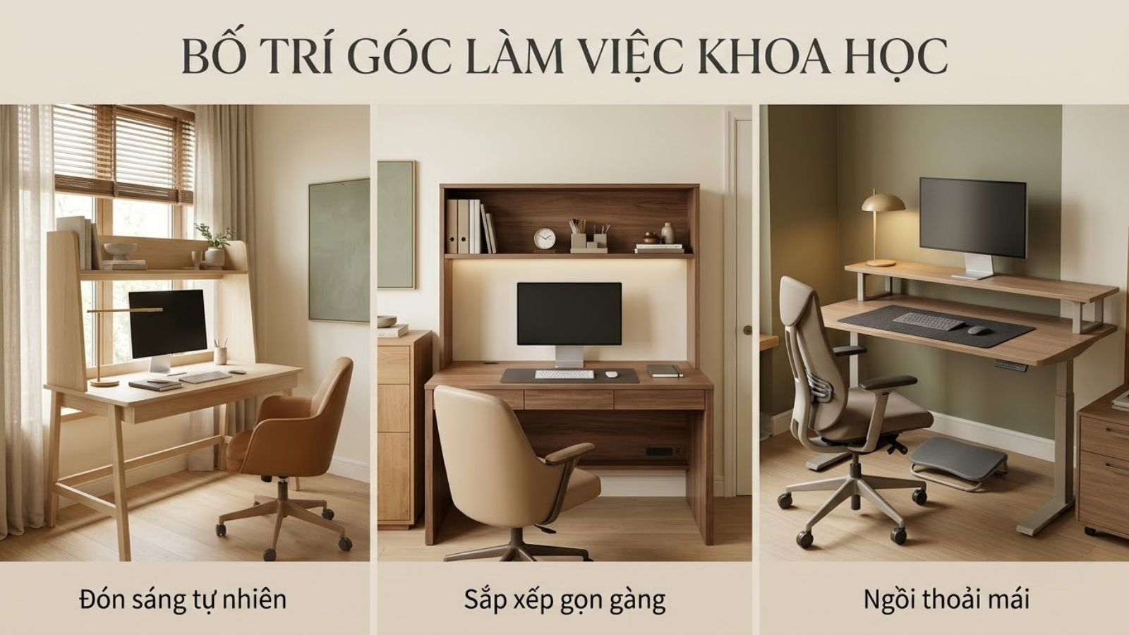 Cách bố trí bàn làm việc 2 tầng cạnh cửa sổ với kệ sách gọn gàng và ghế công thái học.