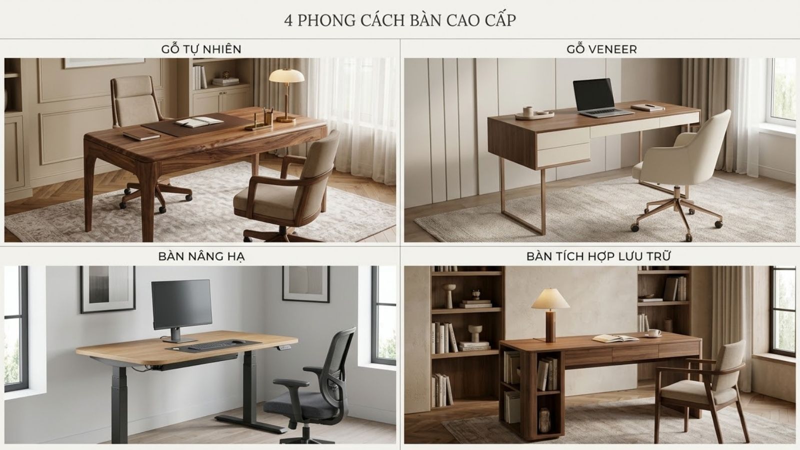 So sánh bàn làm việc gỗ tự nhiên, gỗ veneer, bàn nâng hạ và bàn tích hợp ngăn lưu trữ