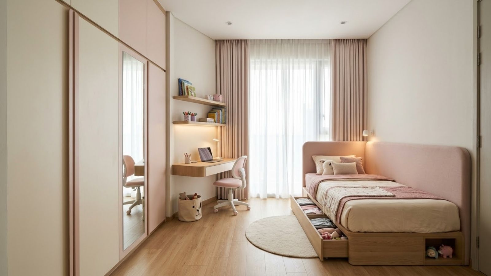 Phòng màu hồng cho bé gái dưới 10m2 tối ưu diện tích