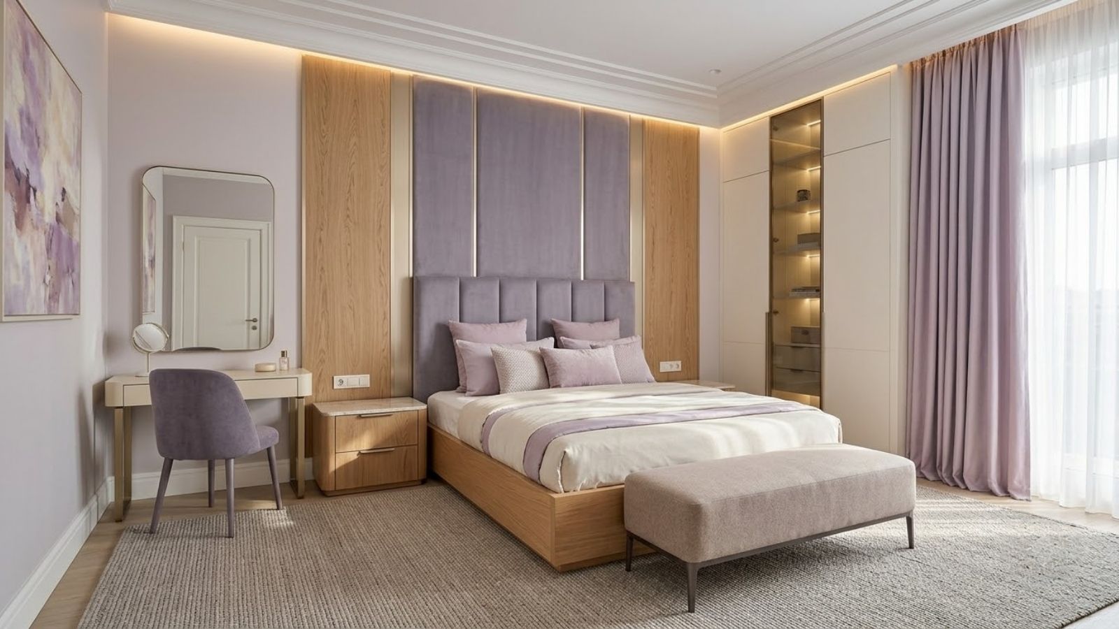 Nội thất phòng ngủ tím pastel kết hợp gỗ sồi, đầu giường bọc nhung và chi tiết kim loại champagne.