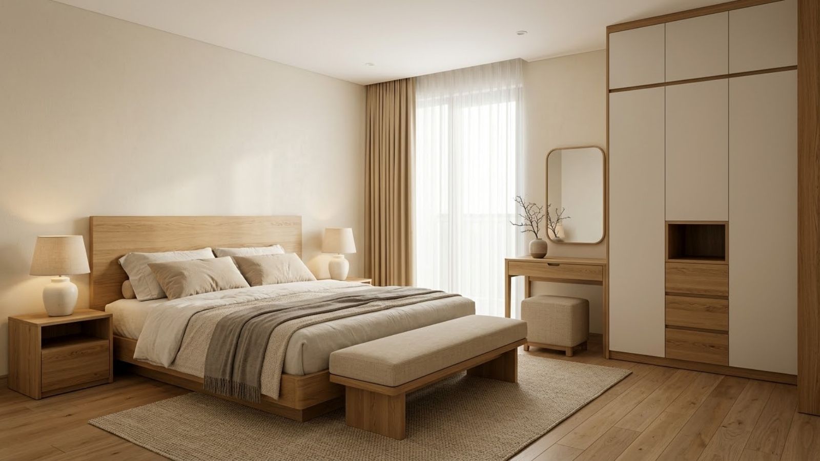 Nội thất phòng ngủ Japandi với giường gỗ sồi, tủ quần áo âm tường và bàn trang điểm đồng bộ.