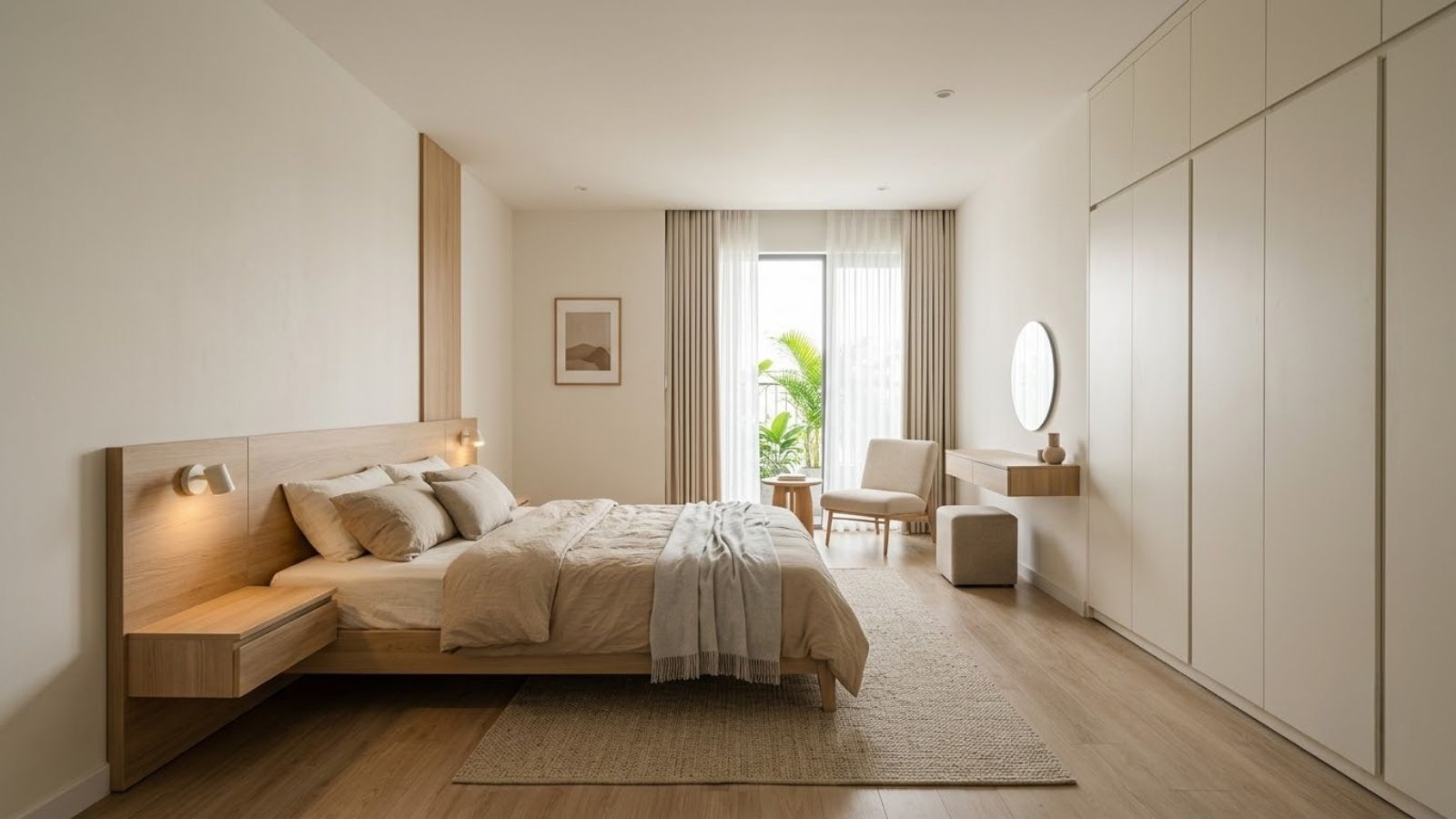 Phòng ngủ tối giản với giường gỗ, tủ âm tường, bàn trang điểm và góc thư giãn nhỏ.
