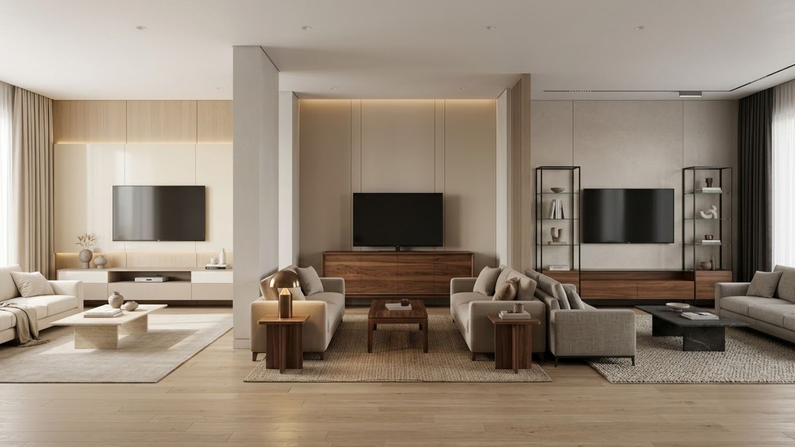 Kệ tivi gỗ công nghiệp phủ Melamine và Acrylic, kệ gỗ óc chó tự nhiên và kệ kết hợp gỗ, kính, kim loại.