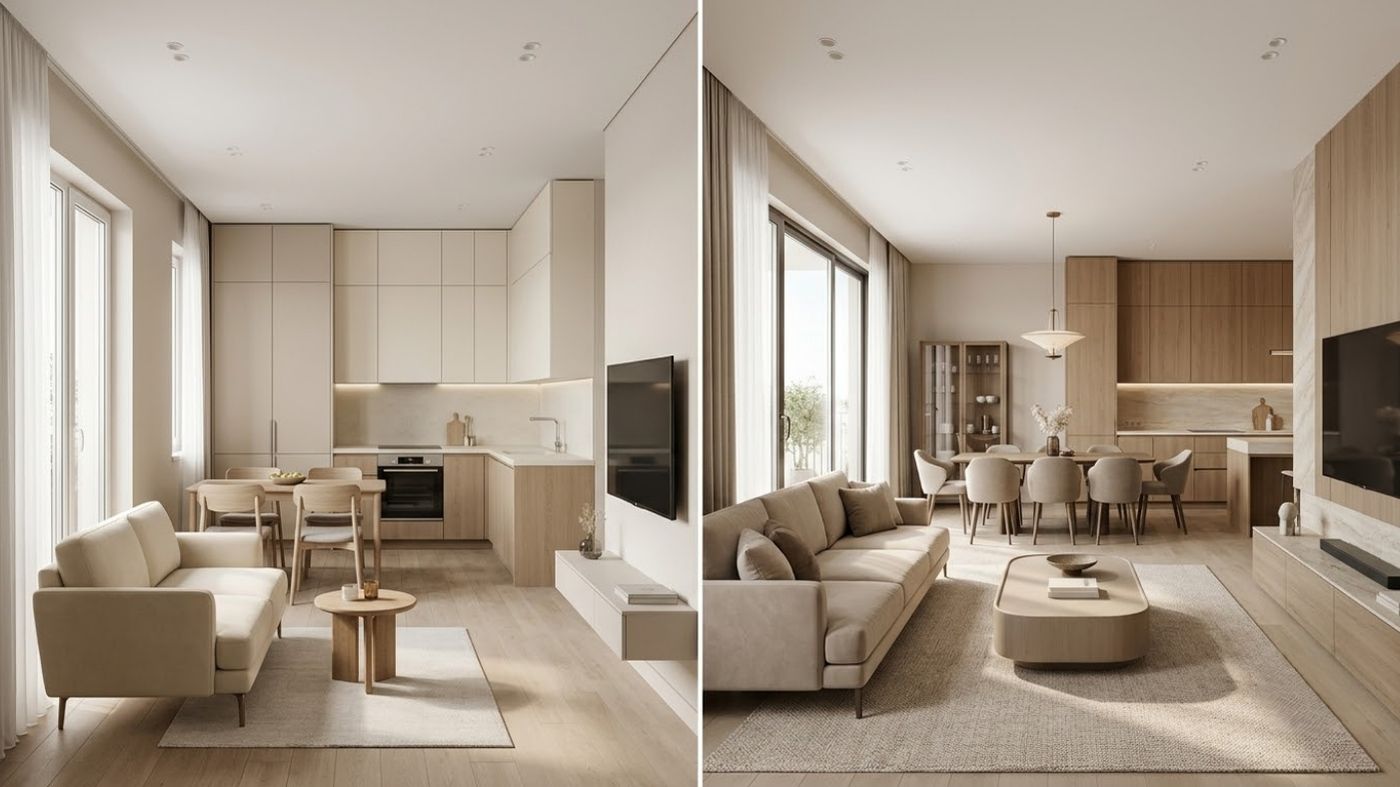 Giải pháp bố trí nội thất chung cư 2 phòng ngủ theo diện tích 50–60m² và 70–85m².
