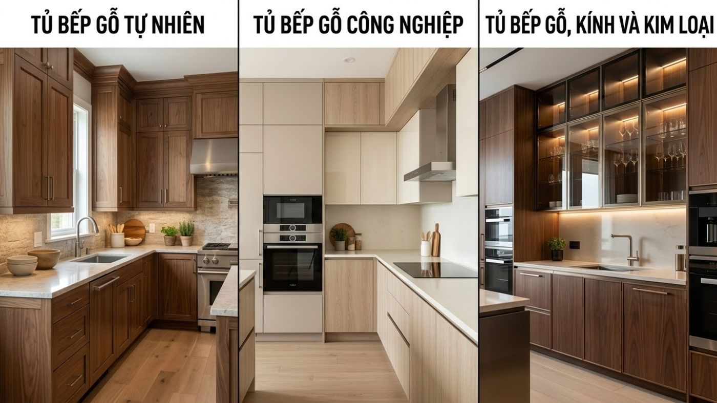 So sánh tủ bếp gỗ tự nhiên, tủ bếp gỗ công nghiệp và thiết kế tủ bếp kết hợp gỗ, kính, kim loại.