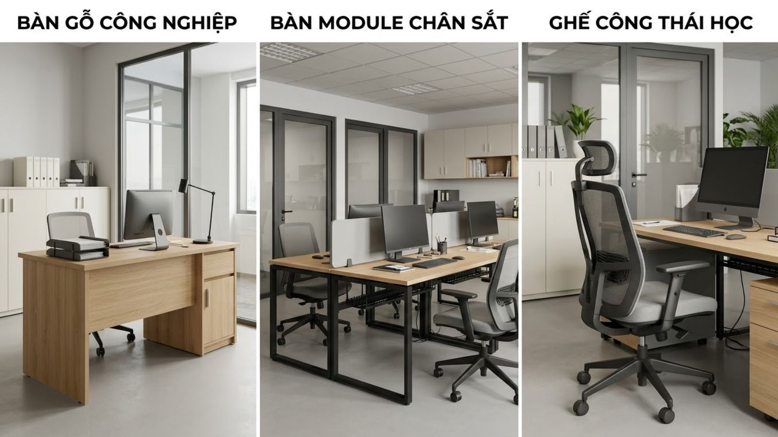 Bàn làm việc module chân sắt và ghế công thái học trong văn phòng hiện đại