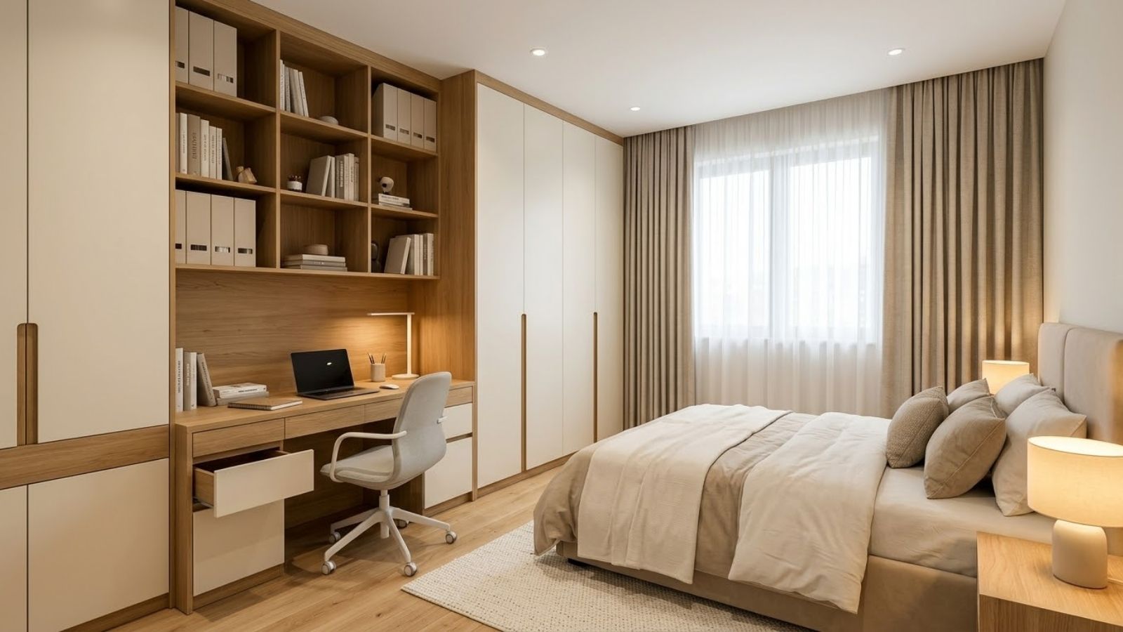 Bàn học đa năng kết hợp kệ sách và ngăn kéo trong phòng ngủ