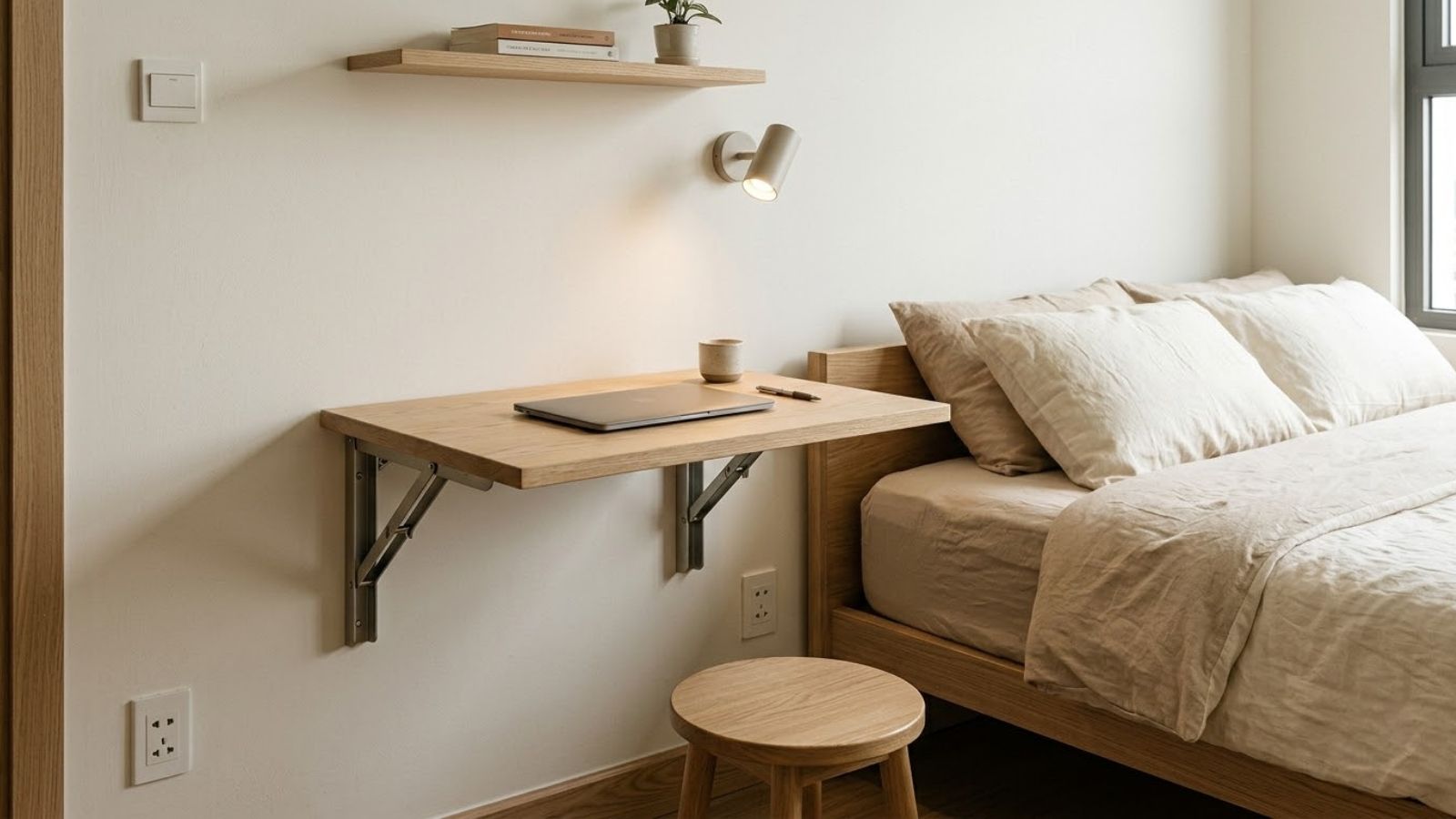 Bàn làm việc gấp gọn treo tường kết hợp đèn đọc sách trong phòng ngủ nhỏ