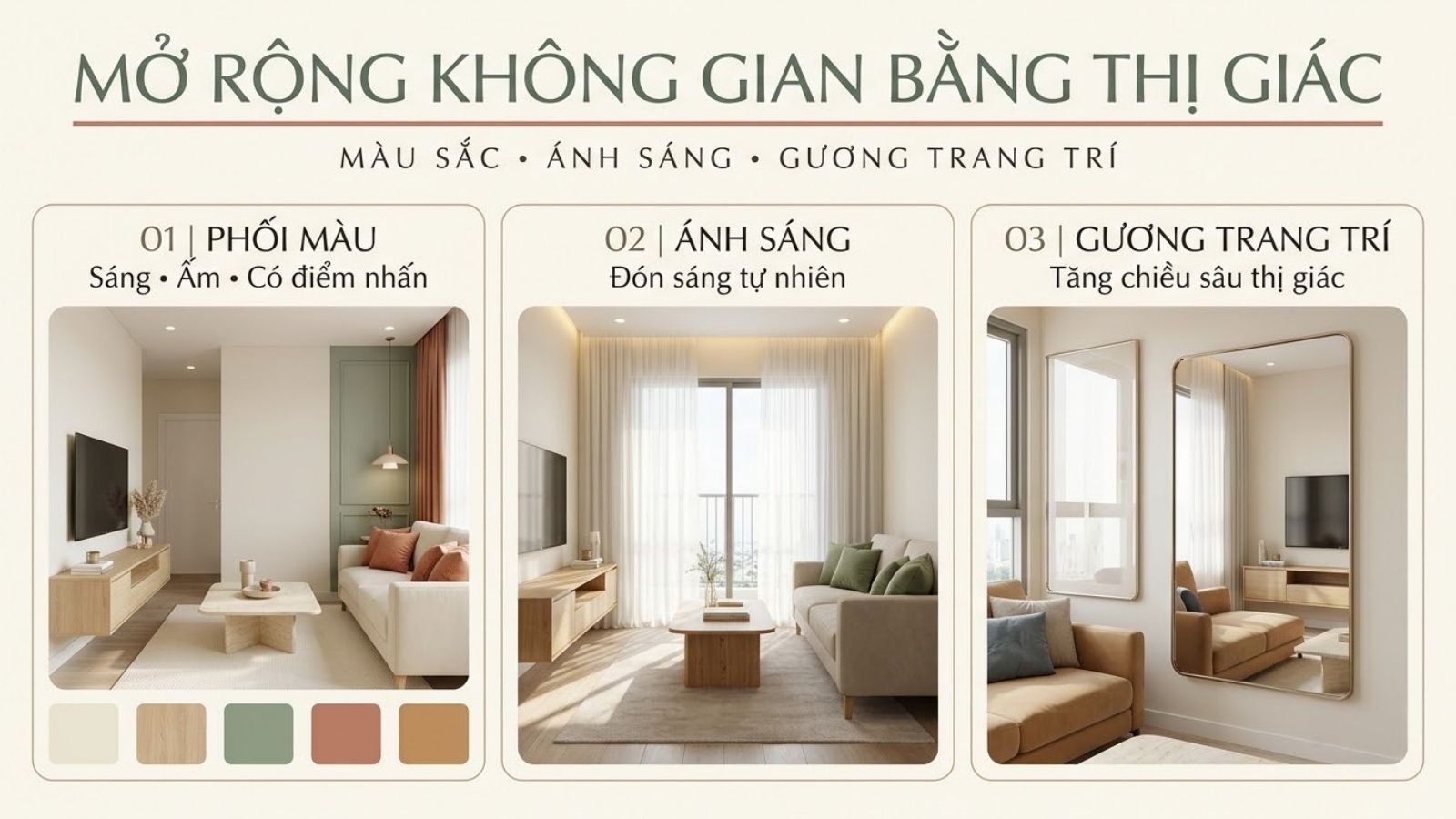 Phòng khách nhỏ sử dụng màu kem, điểm nhấn xanh sage, ánh sáng tự nhiên và gương trang trí.