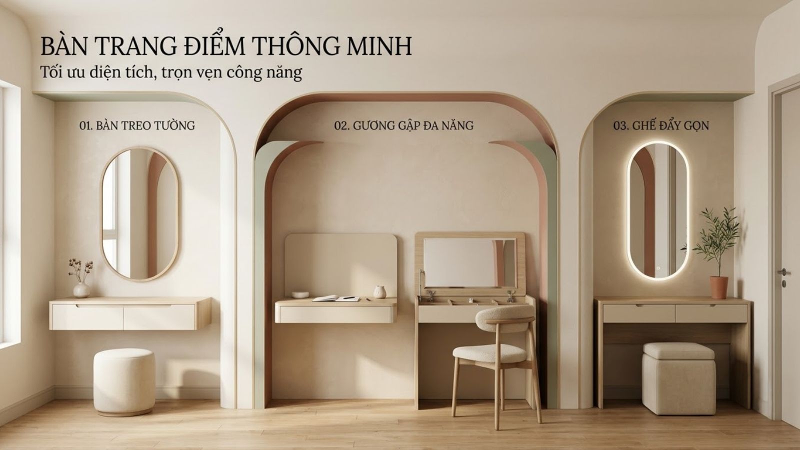 Các mẫu bàn trang điểm thông minh gồm bàn treo tường, bàn gương gập đa năng và ghế đôn đẩy gọn