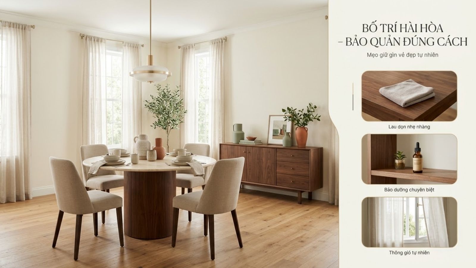 Bố trí bàn ghế tròn hài hòa trong phòng ăn và bảo quản bề mặt nội thất đúng cách