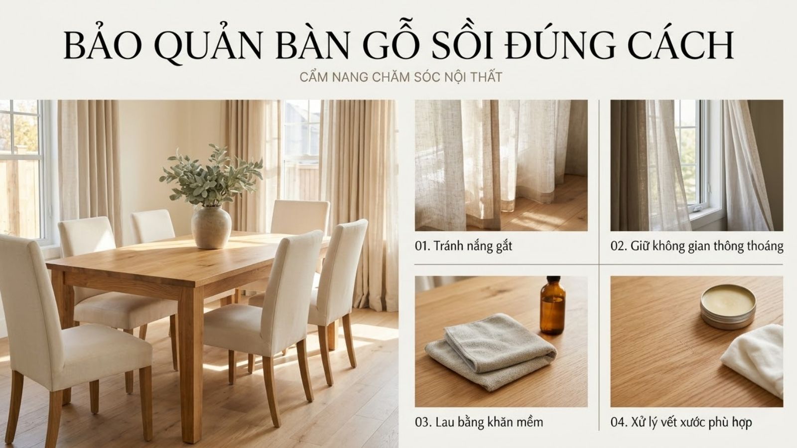 Hướng dẫn bảo quản bàn gỗ sồi bằng cách tránh nắng gắt, lau khăn mềm và kiểm soát độ ẩm