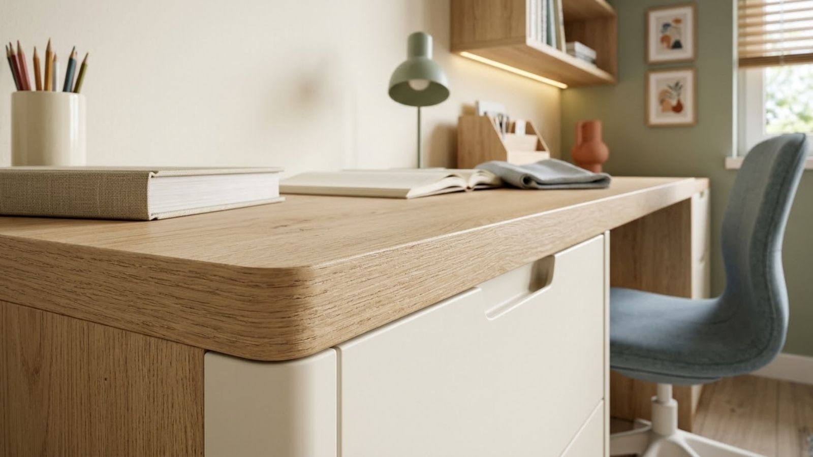Cận cảnh mặt bàn MDF phủ Melamine vân gỗ sồi với cạnh bàn dán kín, góc bo tròn và ngăn kéo hoàn thiện tỉ mỉ.