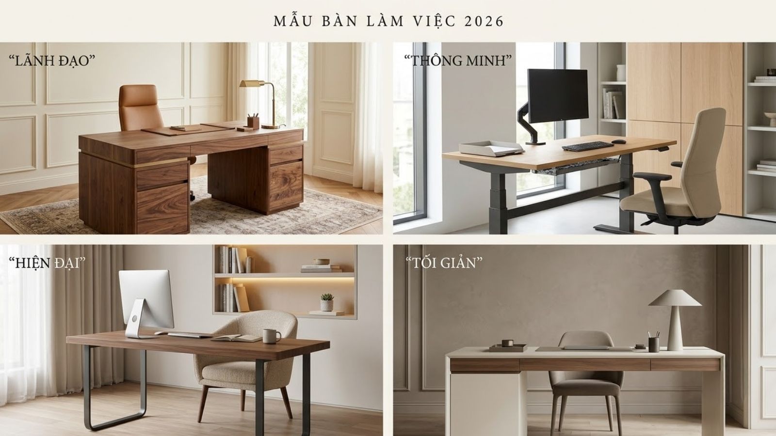 Các mẫu bàn làm việc cao cấp phong cách lãnh đạo, thông minh, hiện đại và tối giản