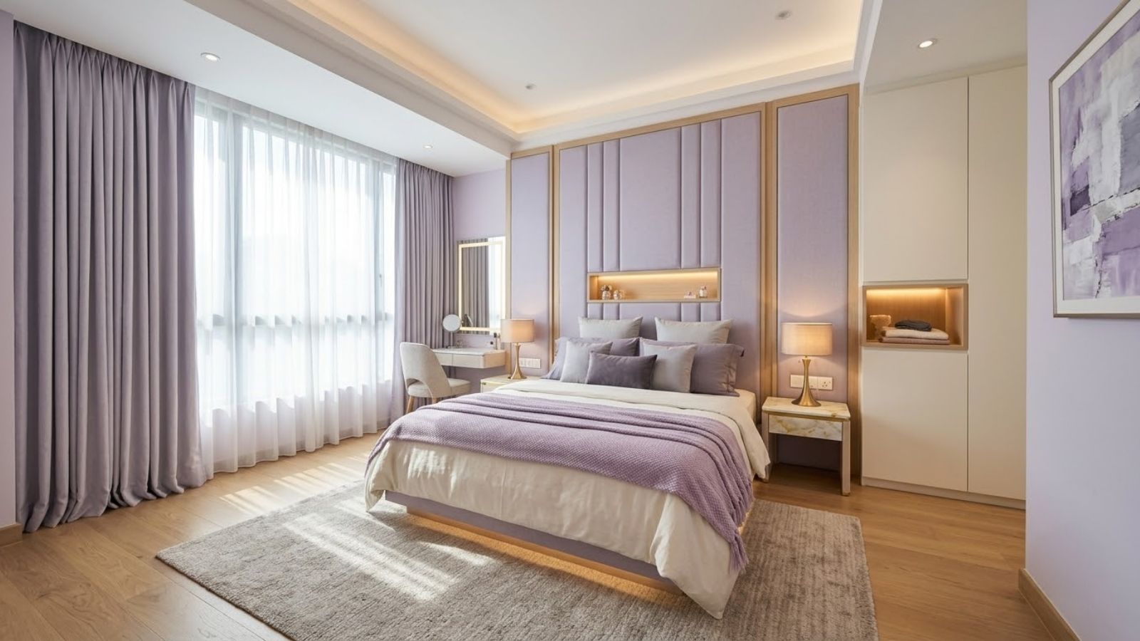 Phòng ngủ tím pastel tận dụng ánh sáng tự nhiên kết hợp đèn hắt trần và đèn ngủ ánh vàng.