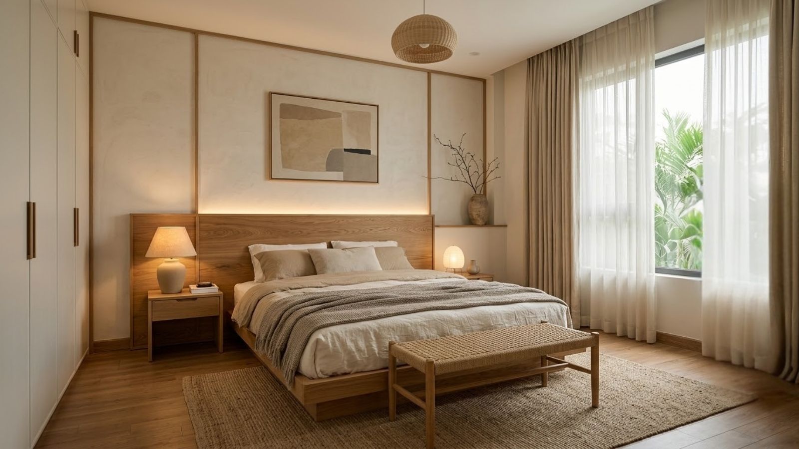 Phòng ngủ Japandi với ánh sáng tự nhiên, đèn ngủ vàng ấm, nội thất gỗ và decor tối giản.
