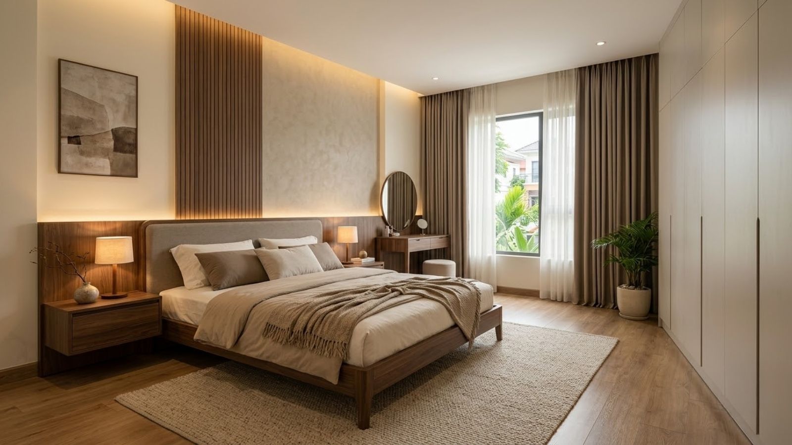 Phòng ngủ sang chảnh với giường bọc nệm, tủ kịch trần, rèm cao cấp và hệ thống đèn trang trí.