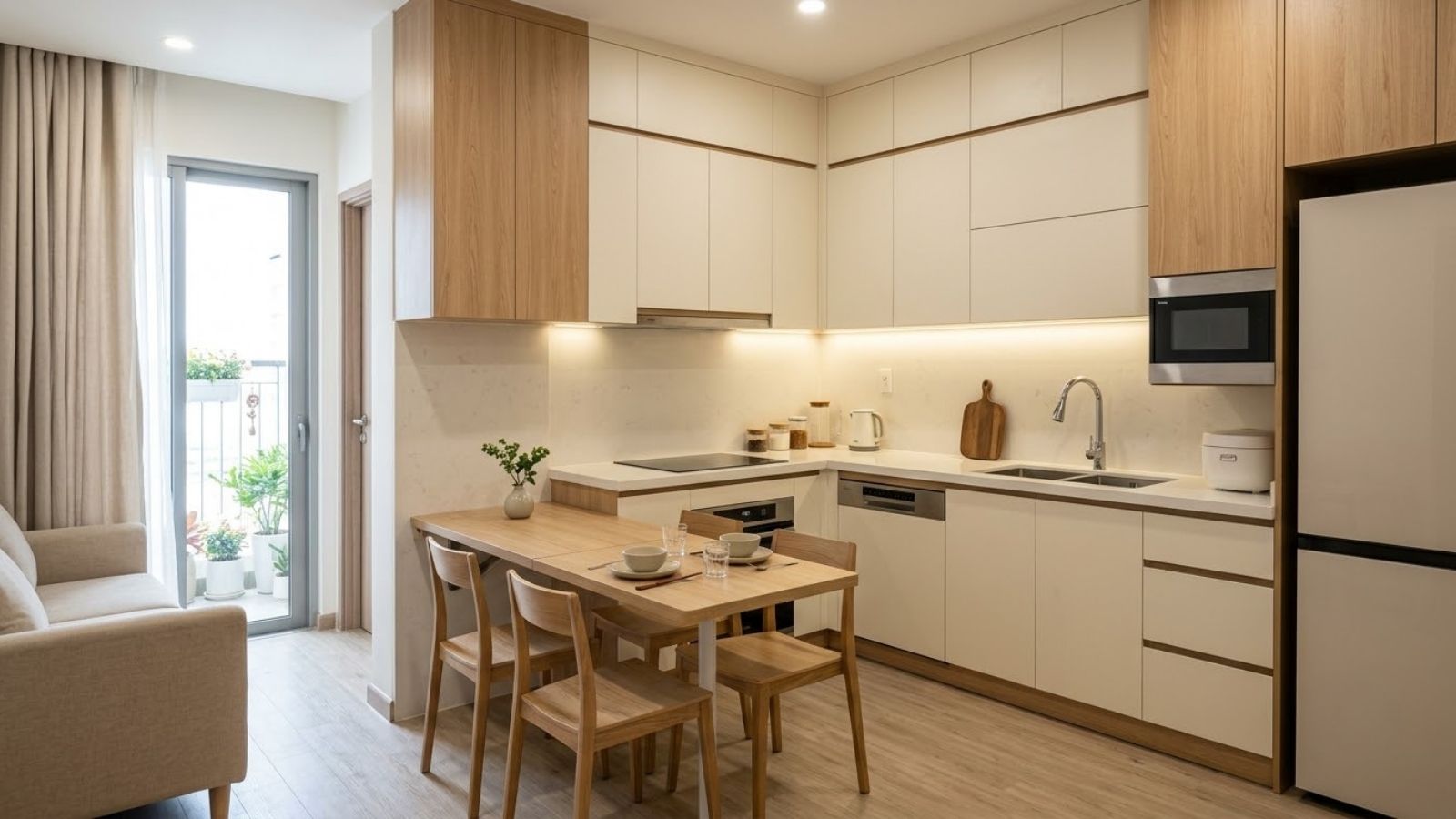 Bếp chung cư nhỏ tích hợp lò nướng âm tủ, bếp từ và bàn ăn gấp gọn tiết kiệm diện tích