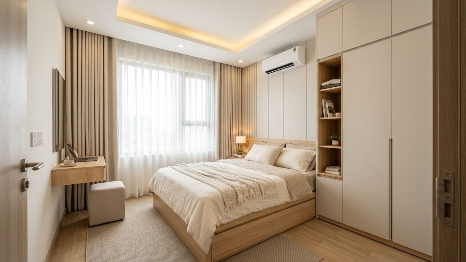 Chi tiết hoàn thiện tủ quần áo phòng ngủ với khe cánh đều, bề mặt gỗ phẳng và ray trượt ngăn kéo