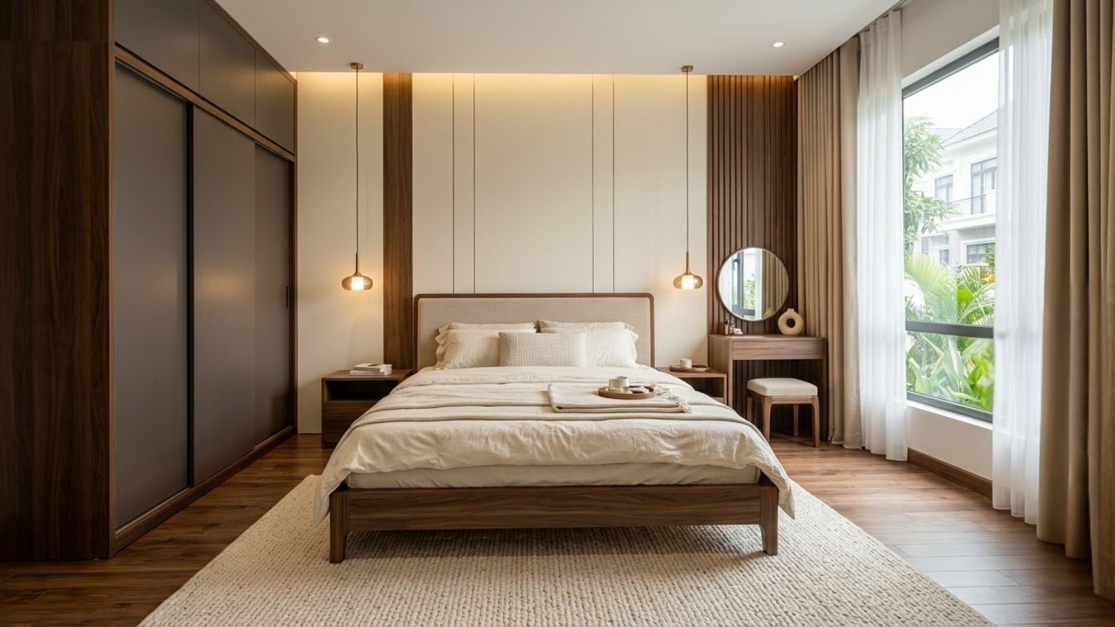 Bố trí giường ngủ tựa đầu vào tường, kết hợp tủ quần áo, tab đầu giường và lối đi thông thoáng.