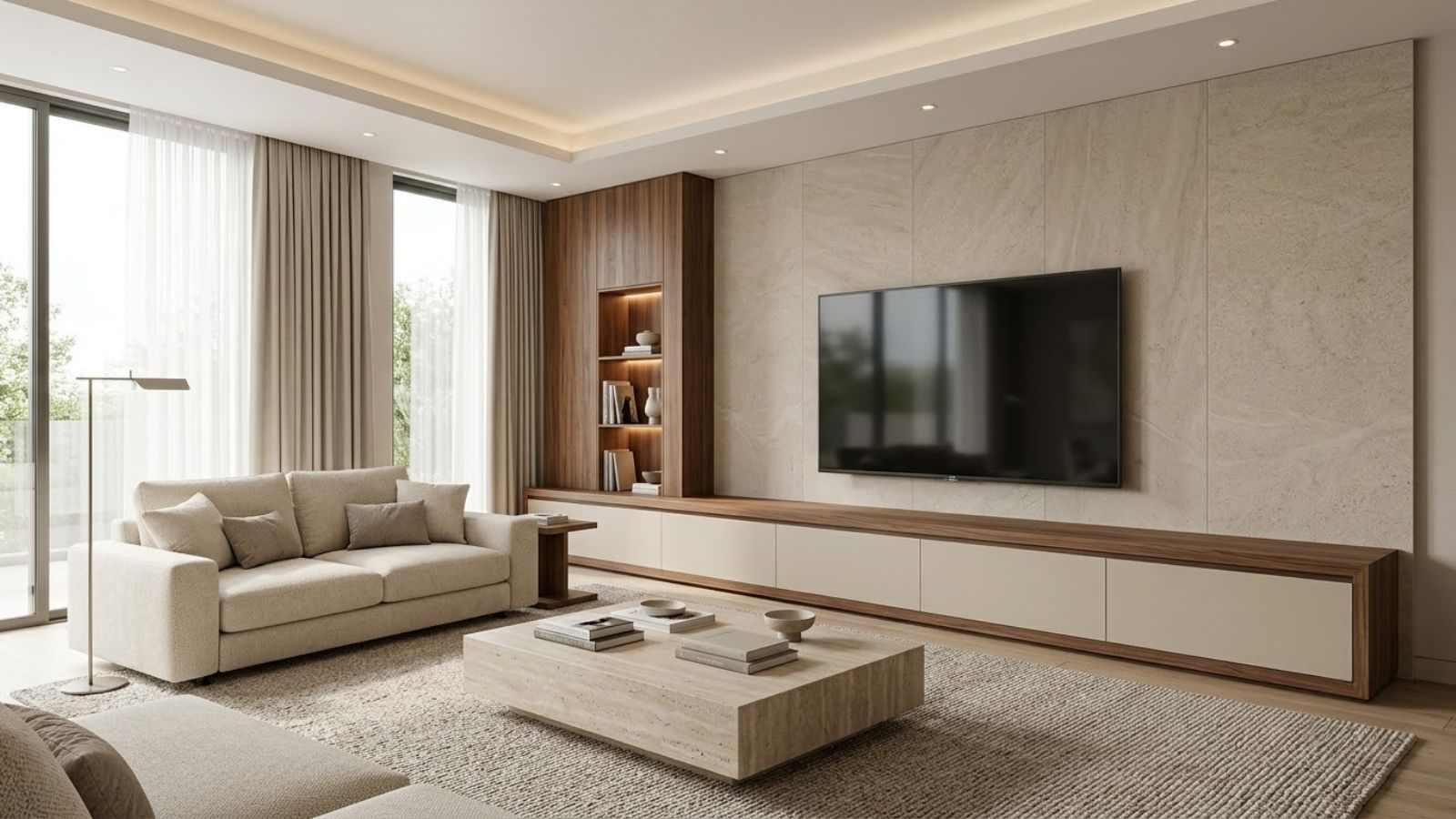Kệ tivi gỗ hiện đại có kích thước cân đối với màn hình, hệ ngăn chứa thiết bị và dây điện được giấu kín.