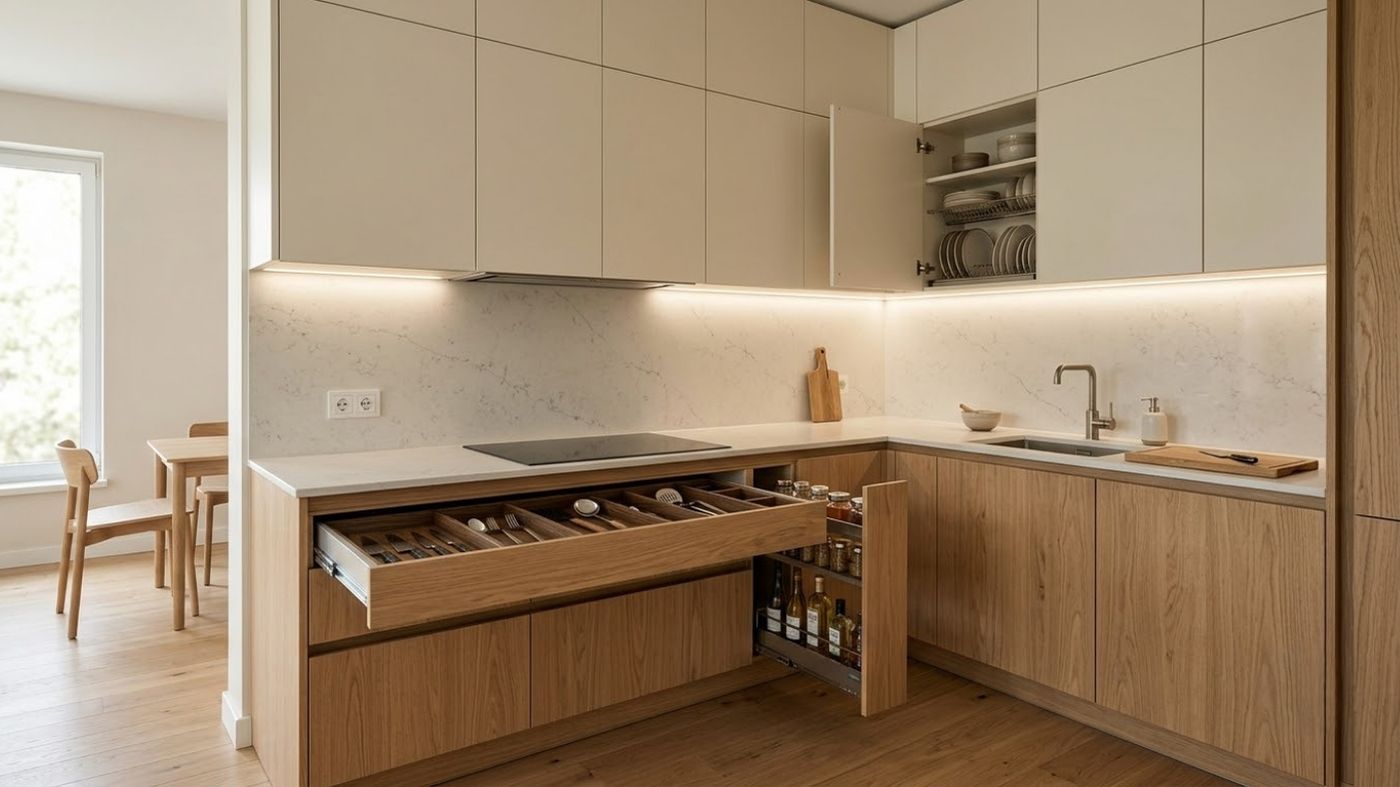 Phụ kiện tủ bếp thông minh gồm ngăn kéo chia dụng cụ, kệ gia vị kéo và hệ thống đèn LED dưới tủ.